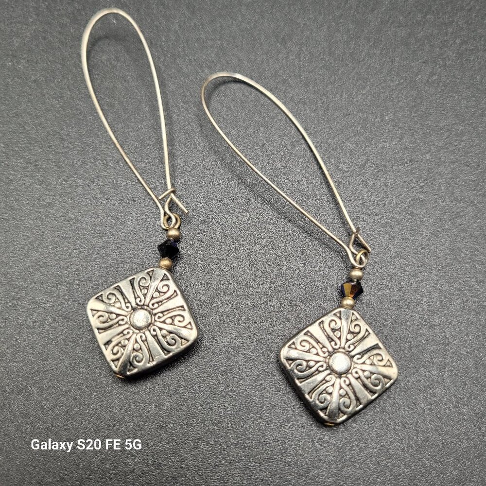 Diamond Shaped Stamped Silver with Black Glass Bead Dangle Earrings